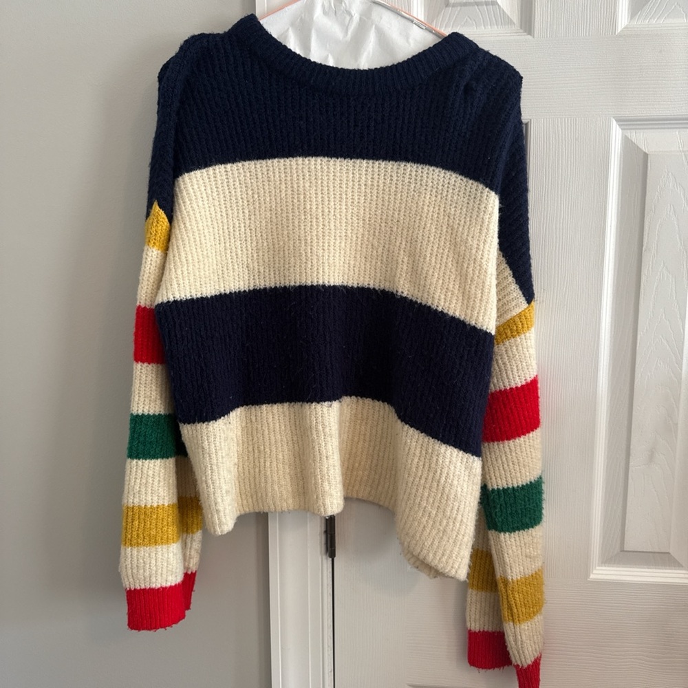 Urban Outfitters Cream and Blue Crew Neck Sweater